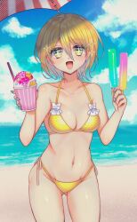 Rule 34 | 1girl, beach, bikini, bow, breasts, cowboy shot, don quixote (project moon), food, happy, limbus company, looking at viewer, medium breasts, navel, njaja kanja, ocean, open mouth, outdoors, popsicle, project moon, shaved ice, sky, smile, solo, sparkling eyes, swimsuit, white bow, yellow bikini