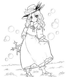 Rule 34 | absurdres, bad id, bad twitter id, bloomers, bubble, closed mouth, collared shirt, commentary request, cross, derivative work, dolls in pseudo paradise, fedora, frilled hat, frilled sleeves, frills, full body, grass, greyscale, hat, hat feather, highres, holding, holding clothes, holding cross, holding skirt, jacket girl (dipp), loafers, long hair, long sleeves, looking at viewer, monochrome, parody, portrait of exotic girls, ribbon, shirt, shoes, simple background, skirt, smile, standing, touhou, underwear, vest, wavy hair, yatyou
