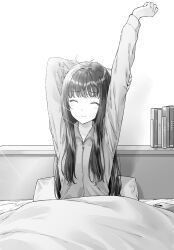 1girl arm_up blanket book closed_eyes closed_mouth commentary_request gimai_seikatsu greyscale highres hiten_(hitenkei) holding_own_arm long_hair long_sleeves messy_hair monochrome novel_illustration official_art on_bed pajamas pillow sitting solo yawning yomiuri_shiori