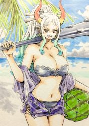 Rule 34 | 1girl, artist request, beach, breasts, cleavage, club (weapon), food, fruit, gamenamepuipui, highres, horns, large breasts, one piece, smile, watermelon, white hair, yamato (one piece)
