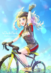 Rule 34 | 1girl, :d, alternate costume, arm up, bicycle, bicycle helmet, blonde hair, blue sky, blush, collared shirt, commission, contemporary, fingerless gloves, fire emblem, fire emblem awakening, gloves, grey eyes, helmet, highres, lissa (fire emblem), mihayuuno, nintendo, open mouth, riding, riding bicycle, shirt, shoes, shorts, sky, smile, sneakers, solo, twintails, twitter username