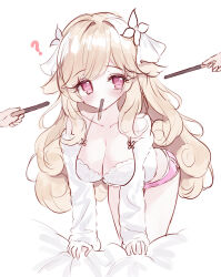 Rule 34 | 1girl, 2others, ?, all fours, bare shoulders, bed sheet, blush, breasts, cleavage, collarbone, commentary request, curly hair, dolphin shorts, flower, food, food in mouth, hair flower, hair ornament, hair ribbon, highres, holding, holding food, jacket, large breasts, light brown hair, long hair, long sleeves, looking at viewer, mouth hold, multiple others, off shoulder, original, pink shorts, pocky, pocky day, red eyes, ribbon, short shorts, shorts, sleeves past wrists, solo focus, tandohark, very long hair, white flower, white jacket, white ribbon