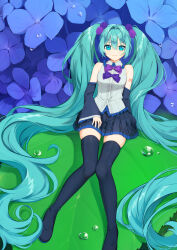 Rule 34 | 1girl, absurdly long hair, aqua eyes, aqua hair, asuka gin, bare shoulders, black footwear, black skirt, black sleeves, black thighhighs, blue eyes, blue flower, boots, bow, bowtie, breasts, closed mouth, collared shirt, commentary, detached sleeves, flower, frilled shirt, frills, full body, grey shirt, hair between eyes, hair flower, hair intakes, hair ornament, hatsune miku, highres, hydrangea, leaf, long hair, long sleeves, looking at viewer, mini person, minigirl, miniskirt, pleated skirt, purple bow, purple bowtie, purple flower, shirt, shoulder tattoo, sitting, skirt, sleeveless, sleeveless shirt, smile, solo, tattoo, thigh boots, thighhighs, twintails, very long hair, vocaloid, water drop, white shirt, zettai ryouiki