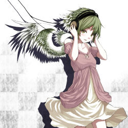 Rule 34 | 1girl, angel, cable, dress, green hair, headphones, highres, making-of available, original, ryou@ryou, short hair, signature, solo, wings, yellow eyes