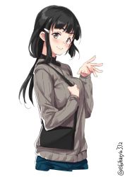Rule 34 | 1girl, alternate costume, bag, black hair, blush, breasts, brown eyes, closed mouth, ebifurya, grey sweater, hair ornament, hairclip, highres, kantai collection, long hair, long sleeves, looking at viewer, medium breasts, myoukou (kancolle), simple background, smile, sweater, white background