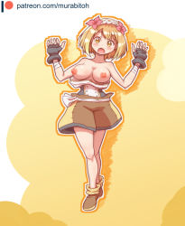 Rule 34 | 1girl, arms up, blonde hair, breasts, breasts out, cleavage, endro!, fai fai, full body, hairband, highres, large breasts, murabito-h, nipples, no bra, open mouth, short hair, simple background, solo, strapless, wardrobe malfunction, yellow background, yellow eyes