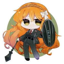 Rule 34 | 1girl, arm shield, belt, black belt, black footwear, black jacket, black pants, black vest, bow, chibi, closed mouth, freckles, frown, green eyes, hair bow, hairband, highres, holding mace, ishmael (project moon), jacket, limbus company, long hair, long sleeves, looking to the side, nanle, pants, project moon, shield, shirt, shoes, sidelocks, solo, two-tone background, very long hair, vest, white background, white bow, white shirt, wing collar