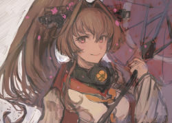 Rule 34 | 1girl, blush, breasts, closed mouth, commentary, detached sleeves, flower, hair between eyes, hair flower, hair ornament, headgear, highres, holding, holding umbrella, kantai collection, long hair, long sleeves, moor, oil-paper umbrella, petals, pink eyes, pink flower, sakuramon, simple background, sketch, solo, umbrella, upper body, very long hair, yamato (kancolle)