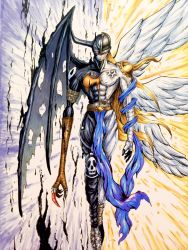 Rule 34 | angel, angel boy, angemon, demon, demon boy, devimon, digimon, dual persona, fusion, highres, horns, mask, wings