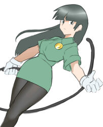 Rule 34 | 1girl, black eyes, black hair, breasts, closed mouth, creatures (company), dress, feet out of frame, game freak, gloves, green dress, holding, holding whip, long hair, looking at viewer, medium breasts, nintendo, pantyhose, pokemon, pokemon rgby, sabrina (pokemon), simple background, skirt, solo, ukimukai, white background, white gloves
