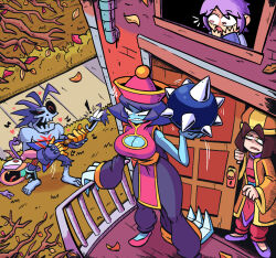 3girls angry autumn blue_skin breasts cleavage_cutout clothing_cutout colored_skin darkstalkers guitar highres holding holding_weapon house hsien-ko instrument kevin_arthur large_breasts le_malta lilith_(darkstalkers) lord_raptor mei-ling_(darkstalkers) multiple_girls opening_door playing_guitar siblings sisters spiked_ball undead weapon window