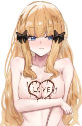 Rule 34 | 1girl, absurdres, bad id, bad pixiv id, black bow, blonde hair, blue eyes, blunt bangs, blush, bow, breasts, chocolate, chocolate on body, chocolate on breasts, cleavage, covering privates, covering breasts, elf, food on body, hair bow, hair ornament, hatoba (sarencha), highres, large breasts, long hair, pointy ears, princess connect!, saren (princess connect!), solo, white background