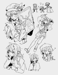 1boy android beret blush canvas_(object) capelet cup easel edgar_valden hat highres holding holding_cup identity_v loafers long_hair lying mary_(identity_v) messy_hair monochrome painting_(object) ponytail puffy_shorts ribbon rubbing_eyes shoes shorts sinzourrrrr sleepy trap