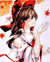 Rule 34 | 1girl, ascot, asutora, autumn leaves, bare shoulders, bow, brown eyes, brown hair, detached sleeves, hair between eyes, hair bow, hair tubes, hakurei reimu, long hair, looking up, parted lips, red bow, red ribbon, ribbon, ribbon-trimmed sleeves, ribbon trim, smile, solo, touhou, traditional media, upper body, vest