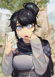 Rule 34 | 1girl, :o, absurdres, adapted costume, animification, apex legends, black hair, black nails, blue eyes, breasts, cellphone, chinese commentary, grey sweater, hair behind ear, hair bun, highres, holding, holding phone, kings canyon, medium breasts, miao jiangyou, nail polish, no pupils, open mouth, phone, ribbed sleeves, single hair bun, smartphone, solo, sweater, tree, upper body, wraith (apex legends)