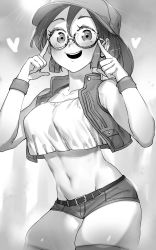 Rule 34 | 1girl, :d, absurdres, belt, blush, cowboy shot, crop top, fio germi, glasses, greyscale, hands up, hat, heart, highres, looking at viewer, metal slug, micro shorts, monochrome, navel, niwarhythm, open clothes, open mouth, open vest, ponytail, round eyewear, shorts, skindentation, smile, solo, stomach, thighhighs, vest, wristband