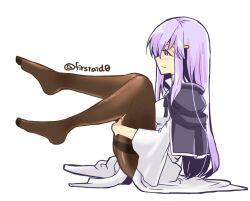 Rule 34 | 1girl, black cape, breasts, cape, circlet, commentary request, dress, feet, fire emblem, fire emblem: genealogy of the holy war, holding leg, julia (fire emblem), long hair, looking to the side, medium breasts, nintendo, pantyhose, purple eyes, purple hair, simple background, solo, yukia (firstaid0)