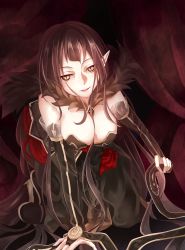 Rule 34 | 1girl, absurdres, black hair, breasts, brown eyes, cleavage, detached sleeves, dress, fate/apocrypha, fate (series), frills, highres, large breasts, long hair, open mouth, pointy ears, semiramis (fate), very long hair