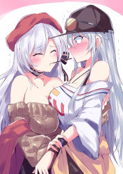 Rule 34 | 2girls, aran sweater, arm around back, asymmetrical docking, azur lane, bare shoulders, baseball cap, belfast (azur lane), belfast (shopping with the head maid) (azur lane), beret, black-framed eyewear, black headwear, black shorts, blouse, blush, breast press, breasts, brown sweater, cable knit, choker, cleavage, closed eyes, closed mouth, clothes around waist, clothes writing, collarbone, constricted pupils, cowboy shot, earrings, embarrassed, enterprise (anniversary ride) (azur lane), enterprise (azur lane), eyewear on head, food, glasses, grey hair, hair ribbon, hat, highres, himiya jouzu, holding another&#039;s wrist, hoop earrings, jacket, jacket around waist, jewelry, kiss, large breasts, long hair, long sleeves, medium breasts, mouth hold, multiple girls, necklace, nose blush, off-shoulder shirt, off-shoulder sweater, off shoulder, orange-tinted eyewear, pocky, pocky kiss, puffy long sleeves, puffy sleeves, purple eyes, red headwear, red shawl, ribbon, shared food, shawl, shirt, shorts, simple background, sunglasses, surprise kiss, surprised, sweat, sweatband, sweater, tinted eyewear, very long hair, white background, white shirt, wide-eyed, yuri
