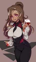 Rule 34 | 1girl, absurdres, arm support, between breasts, black necktie, black pants, blood, blood on clothes, borrowed character, breasts, brown background, brown hair, cup, eyes visible through hair, glass, highres, holding, holding cup, large breasts, long hair, looking at viewer, necktie, open mouth, original, pants, pointy ears, purple eyes, shirt, simple background, slit pupils, slugbox, solo, vampire, white shirt