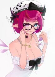 Rule 34 | 1girl, :q, bare shoulders, beret, black-framed eyewear, black bow, black choker, blue eyes, bow, breasts, choker, cleavage, crystal wings, dress, glasses, gold necklace, hair bow, hat, heterochromia, highres, hololive, hololive english, horns, irys (casualrys) (hololive), irys (hololive), jewelry, lace-trimmed choker, lace trim, large breasts, looking at viewer, necklace, off-shoulder dress, off shoulder, official alternate costume, pink nails, pointy ears, purple eyes, purple hair, red hair, short hair, simple background, smile, solo, spaghetti strap, sparkle print, tongue, tongue out, unmeidesu, upper body, virtual youtuber, watch, white background, white dress, white hat, wristwatch