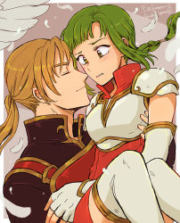 Rule 34 | 1boy, 1girl, armor, blonde hair, blouse, blush, breastplate, breasts, carrying, character name, closed eyes, copyright name, couple, dutch angle, elbow gloves, face-to-face, feathers, fingerless gloves, fire emblem, fire emblem: the sacred stones, forde (fire emblem), gloves, green eyes, green hair, hetero, nintendo, noshima, ponytail, princess carry, shirt, short hair, small breasts, thighhighs, vanessa (fire emblem), white armor, white gloves, white thighhighs