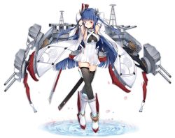 Rule 34 | 1girl, armpits, arms behind head, arms up, azur lane, blue hair, boots, breasts, cannon, detached sleeves, full body, glowing, glowing eyes, heterochromia, horns, ibuki (azur lane), large breasts, long hair, looking at viewer, maya g, official art, solo, standing, sword, thighhighs, transparent background, water, weapon, world of warships