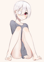 Rule 34 | 1girl, 3:, ass, bandages, barefoot, beige background, between legs, blush, closed mouth, covering privates, covering crotch, eyepatch, full body, grey shirt, hair between eyes, hand between legs, highres, knees together feet apart, long sleeves, looking at viewer, mole, mole under eye, original, red eyes, shirt, short hair, silver hair, simple background, sitting, solo, the cold, thighs