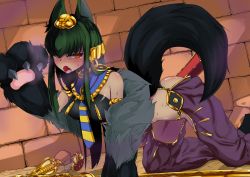 Rule 34 | 1girl, all fours, animal ears, animal hands, anubis (monster girl encyclopedia), blush, body fur, claws, dark-skinned female, dark green hair, dark skin, egyptian clothes, fang, gold, hair ornament, highres, jackal ears, long hair, monster girl, monster girl encyclopedia, open mouth, red eyes, slit pupils, snake hair ornament, solo, sweat, tail, tyomoti, usekh collar