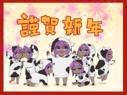 Rule 34 | 6+girls, :d, ;), all fours, animal ears, animal print, blush, border, brown background, chinese zodiac, closed eyes, closed mouth, commentary request, cow ears, cow horns, cow print, dark-skinned female, dark skin, fake animal ears, fake horns, fate/prototype, fate/prototype: fragments of blue and silver, fate (series), floral background, hair between eyes, hands up, hassan of serenity (fate), hood, hood up, hoodie, horns, i.u.y, long sleeves, multiple girls, multiple persona, one eye closed, open mouth, parted lips, print hoodie, profile, puffy long sleeves, puffy sleeves, purple eyes, purple hair, red border, shadow, sitting, sleeves past wrists, smile, sparkle background, standing, translation request, v-shaped eyebrows, white hoodie, year of the ox