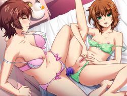 Rule 34 | 2girls, age difference, anal, anal object insertion, bed, blush, bra, breasts, brown hair, censored, closed eyes, clothing aside, dildo, double dildo, flat chest, fudegaki soft, game cg, green eyes, headboard, incest, indoors, large breasts, leg up, legs, looking at viewer, lying, mature female, mind control, miyahara suzu, miyahara yumiko, mosaic censoring, mother and daughter, multiple girls, navel, nightstand, nipples, object insertion, on back, on bed, open mouth, panties, panties aside, pussy, saiminjutsu 3, sex toy, short hair, sitting, smile, sweat, teeth, thighs, underwear, upper teeth only, yoshino keiko, yuri