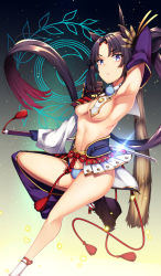 Rule 34 | 1girl, armor, armpits, asymmetrical sleeves, black hair, blue eyes, breasts, detached sleeves, fate/grand order, fate (series), hair ornament, holding, holding sword, holding weapon, japanese armor, japanese clothes, kusazuri, long hair, mismatched sleeves, no bra, panties, pom pom (clothes), revealing clothes, shoes, socks, solo, sword, underwear, ushiwakamaru (fate), very long hair, weapon, white socks, wide sleeves
