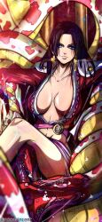 Rule 34 | 1girl, absurdres, artist name, black hair, blue eyes, boa hancock, closed mouth, commentary, crossed legs, earrings, highres, jewelry, long hair, looking at viewer, noonvincent, one piece, sitting, snake earrings, solo