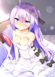 Rule 34 | 1girl, absurdres, ahoge, arm support, azur lane, bare shoulders, bed, black bow, black ribbon, blush, bow, breasts, cleavage, collarbone, detached sleeves, dress, hair between eyes, hair bun, hair ribbon, halterneck, highres, long hair, long sleeves, looking at viewer, medium breasts, nanpuu, nose blush, on bed, one side up, pantyhose, parted lips, pillow, purple eyes, purple hair, ribbon, side bun, single hair bun, single side bun, sitting, sleeves past wrists, solo, unicorn (azur lane), very long hair, white dress, white pantyhose