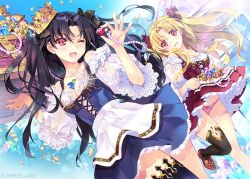 Rule 34 | 2girls, asymmetrical legwear, between breasts, black hair, blonde hair, blush, breasts, carnelian, chalice, clothes lift, coin, crown, cup, ereshkigal (fate), fate/grand order, fate (series), gem, gold, chalice, holy grail (fate), ishtar (fate), jewelry, lifting own clothes, long hair, medium breasts, multiple girls, one eye closed, panties, parted bangs, pink panties, red eyes, siblings, single thighhigh, sisters, skirt, skirt lift, thighhighs, tiara, tohsaka rin, treasure, treasure chest, two side up, underwear, uneven legwear, very long hair