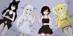 Rule 34 | 4girls, :d, absurdres, ahoge, arms behind head, bed sheet, black hair, black panties, blake belladonna, blonde hair, blue eyes, bow, breasts, cleavage, grey eyes, hair ornament, hand on own stomach, highres, jewelry, large breasts, lingerie, long hair, lying, multiple girls, navel, necklace, negligee, nightgown, nightshirt, on back, open mouth, own hands together, panties, pointing, ponytail, purple eyes, red hair, ruby rose, rwby, see-through, self-upload, shikniful, short hair, short shorts, shorts, smile, underwear, underwear only, very long hair, weiss schnee, white hair, yang xiao long, yellow eyes