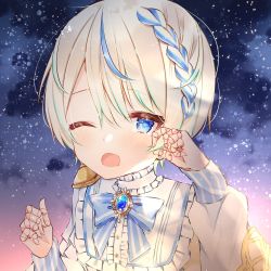 Rule 34 | 1boy, blue eyes, blue hair, blush, bow, doll, doll joints, dougetsu rione, highres, indie virtual youtuber, joints, kotamun, male focus, multicolored hair, one eye closed, pale skin, ribbon, sky, sleepy, solo, star (sky), starry sky, virtual youtuber, white hair
