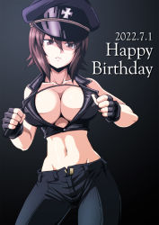 Rule 34 | 1girl, alternate costume, birthday, black background, black gloves, black pants, bondage outfit, breasts, brown eyes, brown hair, check rating, cleavage, dated, dominatrix, fingerless gloves, girls und panzer, gloves, highres, holding, holding riding crop, holding whip, kamishima kanon, looking at viewer, nishizumi maho, pants, revealing clothes, riding crop, short hair, simple background, solo