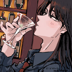 Rule 34 | 2boys, black eyes, black hair, brown hair, cocktail glass, collared shirt, commentary request, cup, drinking glass, grey shirt, holding, holding cup, ichijou seiya, kaiji, long hair, long sleeves, looking at viewer, lowres, male focus, martini, medium bangs, multiple boys, murakami tamotsu, necktie, olive, red necktie, reflection, shirt, smile, solo focus, sunglasses, unknown03162, upper body