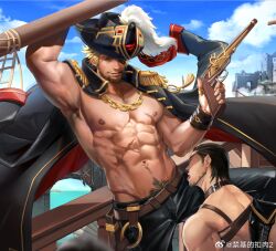 Rule 34 | 2boys, abs, anjingkuxiao, arm up, armpit hair, armpits, bara, bara pirate, bare pectorals, beard, belt collar, blonde hair, chain, cigar, coat, coat on shoulders, collar, eyepatch, facial hair, feet out of frame, floating clothes, gun, hat, holding, holding gun, holding weapon, imminent fellatio, large pectorals, leg on another&#039;s shoulder, looking at viewer, male focus, male pubic hair, mature male, multiple boys, muscular, muscular male, navel, nipples, no shirt, original, pants, pectorals, pirate, pirate hat, pubic hair, pubic hair peek, red eyes, scar, scar on chest, ship, short hair, slave, smile, solo focus, sparse navel hair, thick eyebrows, watercraft, weapon, yaoi