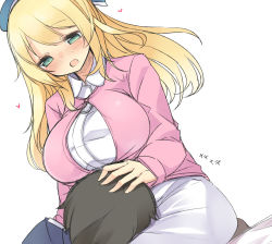 Rule 34 | 10s, 1boy, 1girl, atago (kancolle), bad id, bad pixiv id, black hair, black pantyhose, blonde hair, blush, breast rest, breasts, green eyes, heart, kantai collection, lap pillow, large breasts, long hair, nekoume, pantyhose, personification, simple background, sitting, translated, white background