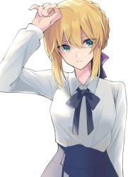 Rule 34 | 1girl, ahoge, artoria pendragon (all), artoria pendragon (fate), blonde hair, blouse, breasts, closed mouth, dress, fate/stay night, fate (series), frown, green eyes, hair between eyes, hair bun, hair ribbon, hand on own head, long sleeves, looking away, maru (pixiv51714255), ribbon, saber (fate), shirt, single hair bun, solo