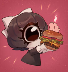 Rule 34 | 1girl, black dress, black eyes, black hair, bow, burger, candle, cheese, colored skin, commentary request, cropped torso, cyclops, dress, food, hair bow, highres, holding, holding food, lettuce, one-eyed, original, red background, solo, tomato, white skin, zombiemiso