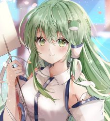 Rule 34 | 1girl, bare shoulders, blue skirt, blurry, blurry background, blush, breasts, day, detached sleeves, frog hair ornament, gohei, green eyes, green hair, hair ornament, hair tubes, hand up, holding, holding stick, kochiya sanae, large breasts, long hair, maruro, outdoors, shirt, simple background, skirt, sky, smile, snake hair ornament, solo, stick, touhou, upper body, very long hair, white background, white shirt, wide sleeves