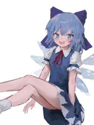 Rule 34 | 1girl, :d, bare legs, blouse, blue dress, blue eyes, blue hair, blush, bow, breasts, cirno, collared shirt, crossed legs, dress, eyes visible through hair, hair between eyes, hair bow, hair ornament, highres, ice, ice wings, looking at viewer, necktie, open mouth, red necktie, reddizen, shirt, simple background, sketch, small breasts, smile, socks, solo, tagme, thighs, tooth gap, touhou, upskirt, white background, white shirt, white socks, wings