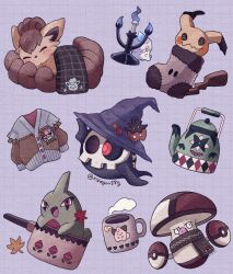 Rule 34 | amoonguss, animal focus, animal print, blanket, blush, buttons, candle, cleffa, cooking pot, creatures (company), cup, duskull, fire, fox, game freak, gen 1 pokemon, gen 2 pokemon, gen 3 pokemon, gen 5 pokemon, gen 6 pokemon, gen 7 pokemon, ghost, grid background, hat, heart, kettle, larvitar, litwick, mimikyu, mochopaccho, mug, mushroom, nintendo, no humans, open mouth, pokemon, pokemon (creature), pumpkaboo, purple background, raised eyebrows, red eyes, scarf, simple background, skull, sleeping, socks, sweater, twitter username, ursaluna, vulpix, witch hat, yellow eyes