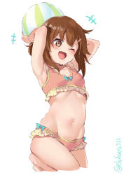 Rule 34 | +++, 1girl, ball, beachball, blush, brown eyes, brown hair, collarbone, cropped legs, ebifurya, fang, fang out, groin, hair between eyes, hair ornament, hairclip, highres, holding, holding ball, holding beachball, ikazuchi (kancolle), kantai collection, navel, one eye closed, open mouth, short hair, simple background, smile, solo, twintails, white background