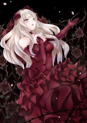 Rule 34 | 1girl, :o, bad id, bad pixiv id, bare shoulders, black background, blush, breasts, brown eyes, choker, dress, elbow gloves, female focus, floral background, flower, formal, frilled dress, frills, gloves, hair flower, hair ornament, hand up, highres, liliokajrozo, long hair, looking to the side, majo shuukai de aimashou, medium breasts, music, open mouth, original, petals, red choker, red dress, red gloves, rose, silver hair, singing, solo, strapless, strapless dress, thorns, veil