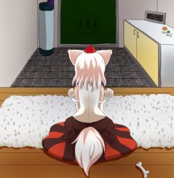 Rule 34 | 1girl, animal ears, bone, cabinet, carpet, clock, contemporary, detached sleeves, doorway, female focus, from behind, hat, interior, inubashiri momiji, mouse (computer), mushroom, pom pom (clothes), seiza, short hair, sitting, skirt, solo, tail, tile floor, tiles, tochinoko, tokin hat, touhou, waiting, white hair, wolf ears, wolf tail, wooden floor