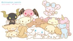 :3 animal_focus azuki_(cinnamoroll) berry_(sanrio) blush_stickers cappuccino_(cinnamoroll) cat cherry_(sanrio) chiffon_(cinnamoroll) cinnamoangels cinnamoroll closed_eyes coco_(cinnamoroll) commentary_request cornet_(cinnamoroll) creature demon demon_horns demon_wings dog espresso_(cinnamoroll) everyone fuwa_fuwa_cinnamoroll head_wings horns lloromannic milk_(cinnamoroll) mocha_(cinnamoroll) no_humans nuts_(cinnamoroll) official_art poron_(cinnamoroll) puppy sanrio second-party_source shirotarou_(cinnamoroll) simple_background solid_oval_eyes unicorn white_background wings